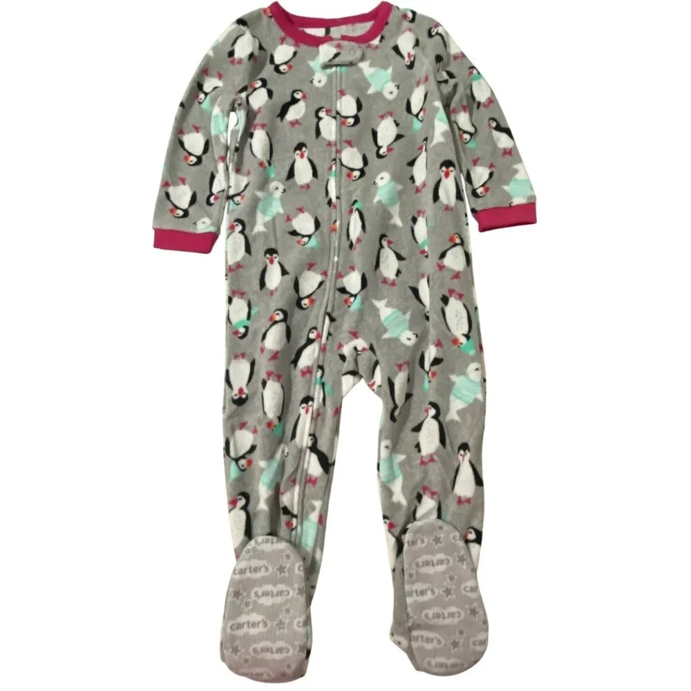 Carter's Fleece Footie Pajamas Girls 2T Gray‎ Novelty Penguin Seal Warm Fuzzy